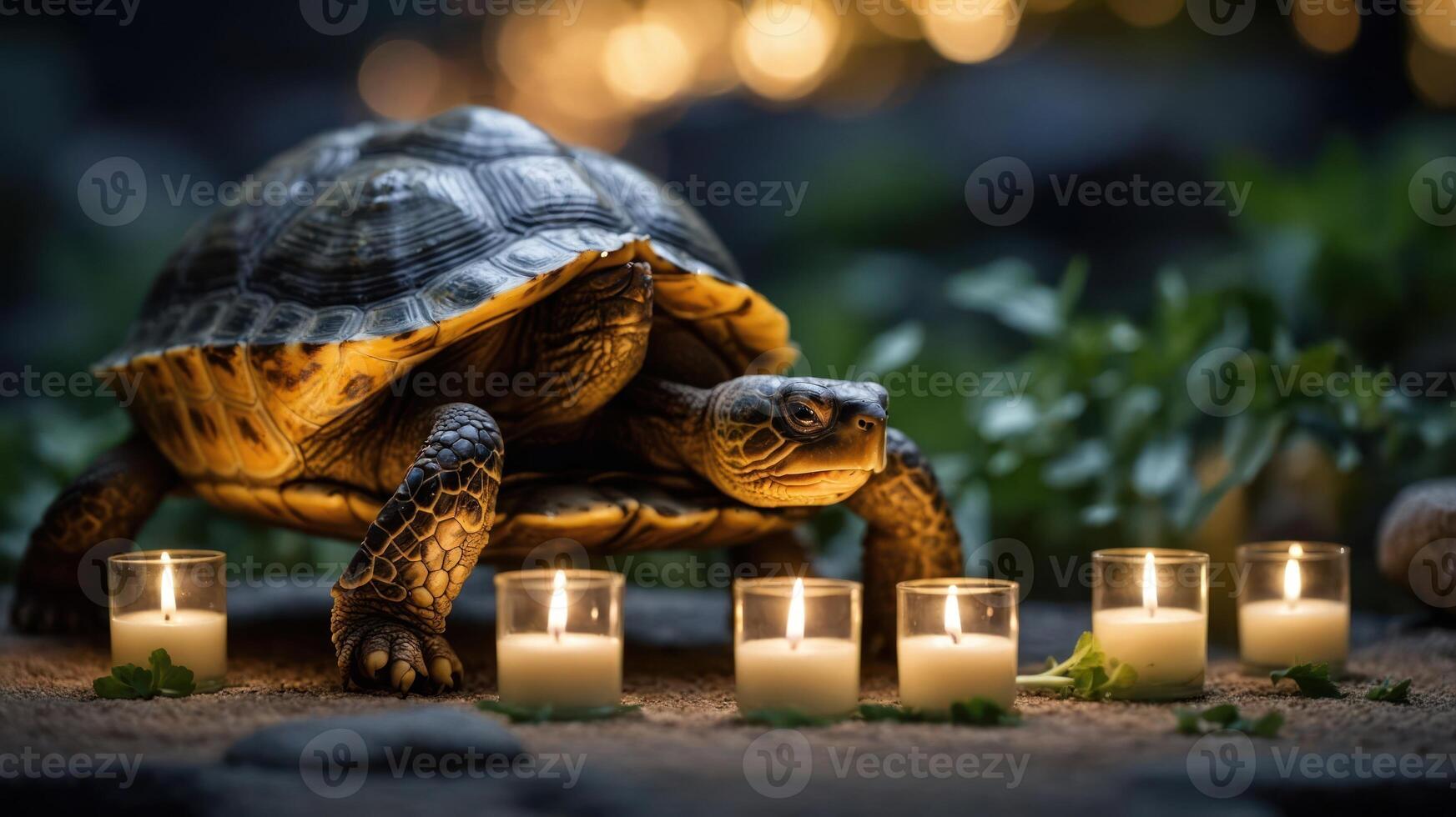 A turtle surrounded by lit candles on a serene setting. photo