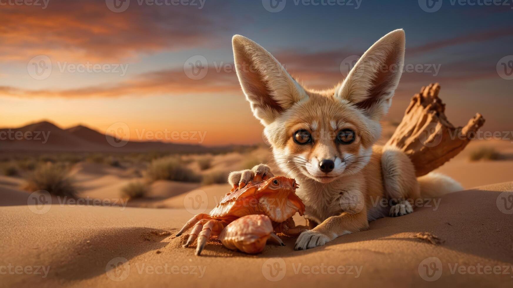 A fennec fox interacts with a crab in a desert landscape at sunset. photo