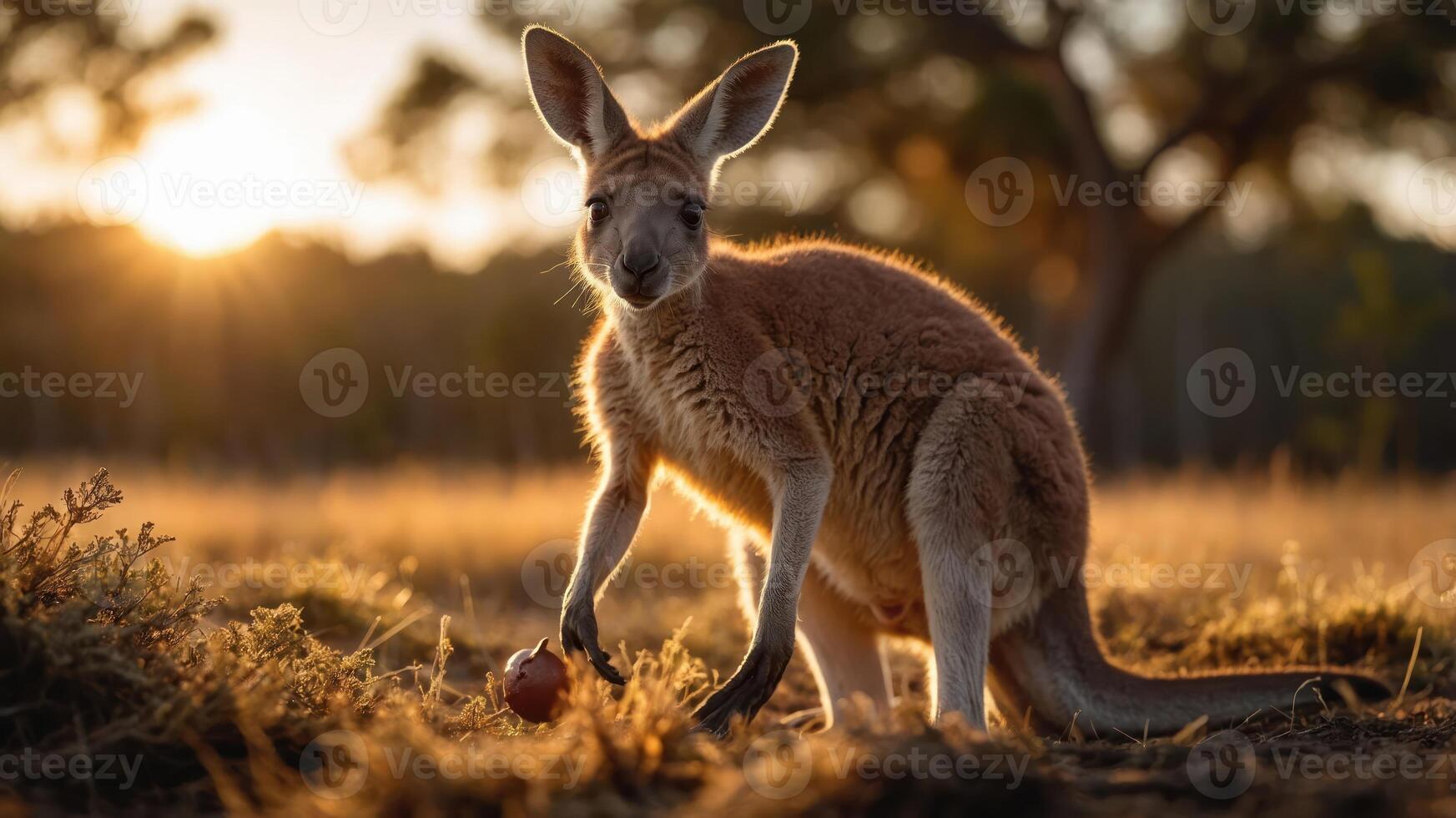 A kangaroo stands in a sunlit field, holding an apple, showcasing wildlife in nature. photo
