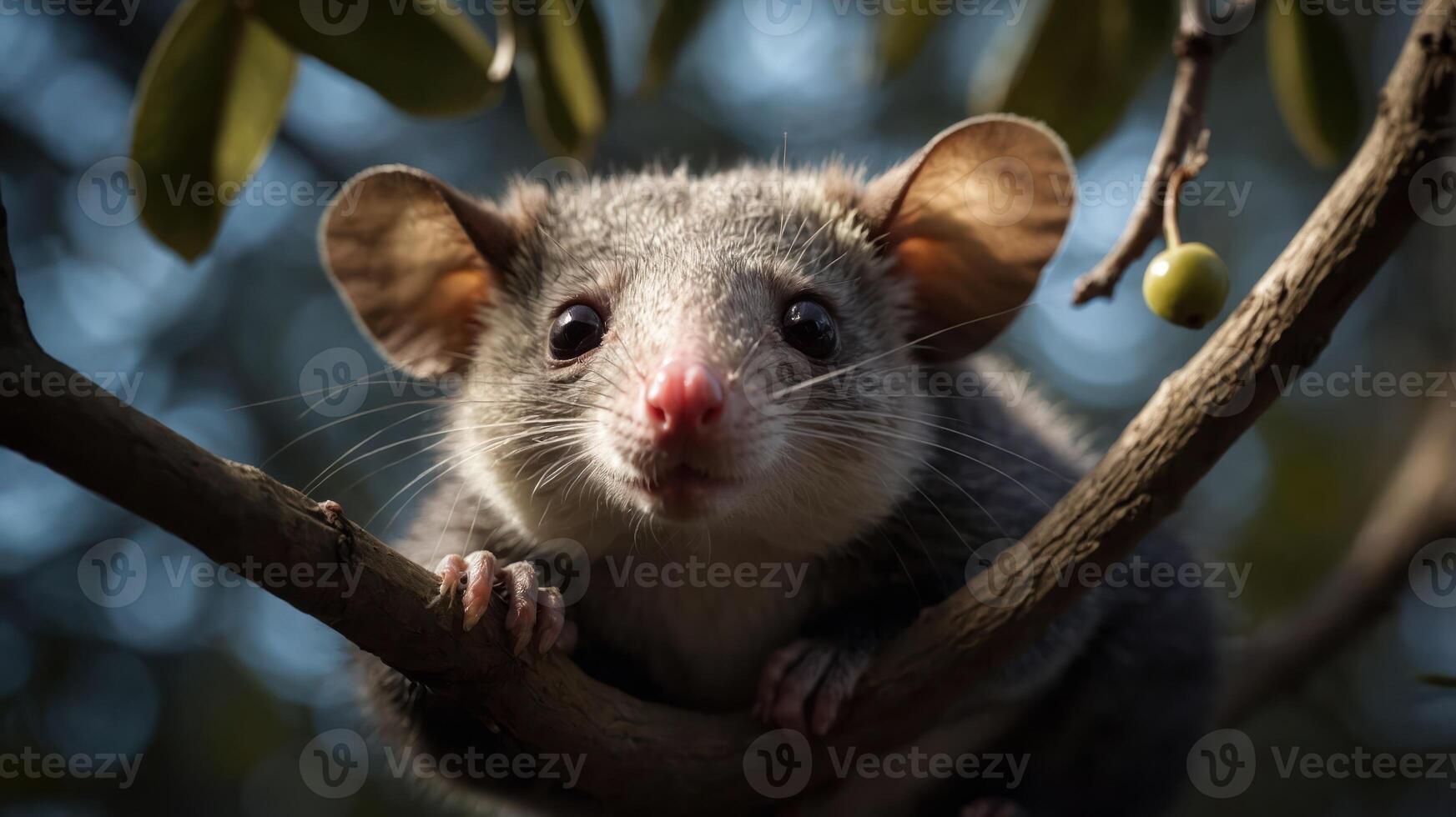 A close-up of a small, furry animal perched on a branch, showcasing its large ears and curious expression. photo