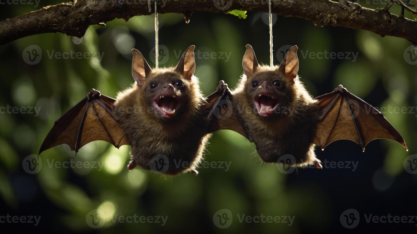 Two bats hanging upside down, showcasing their wings and playful expressions in a natural setting. photo