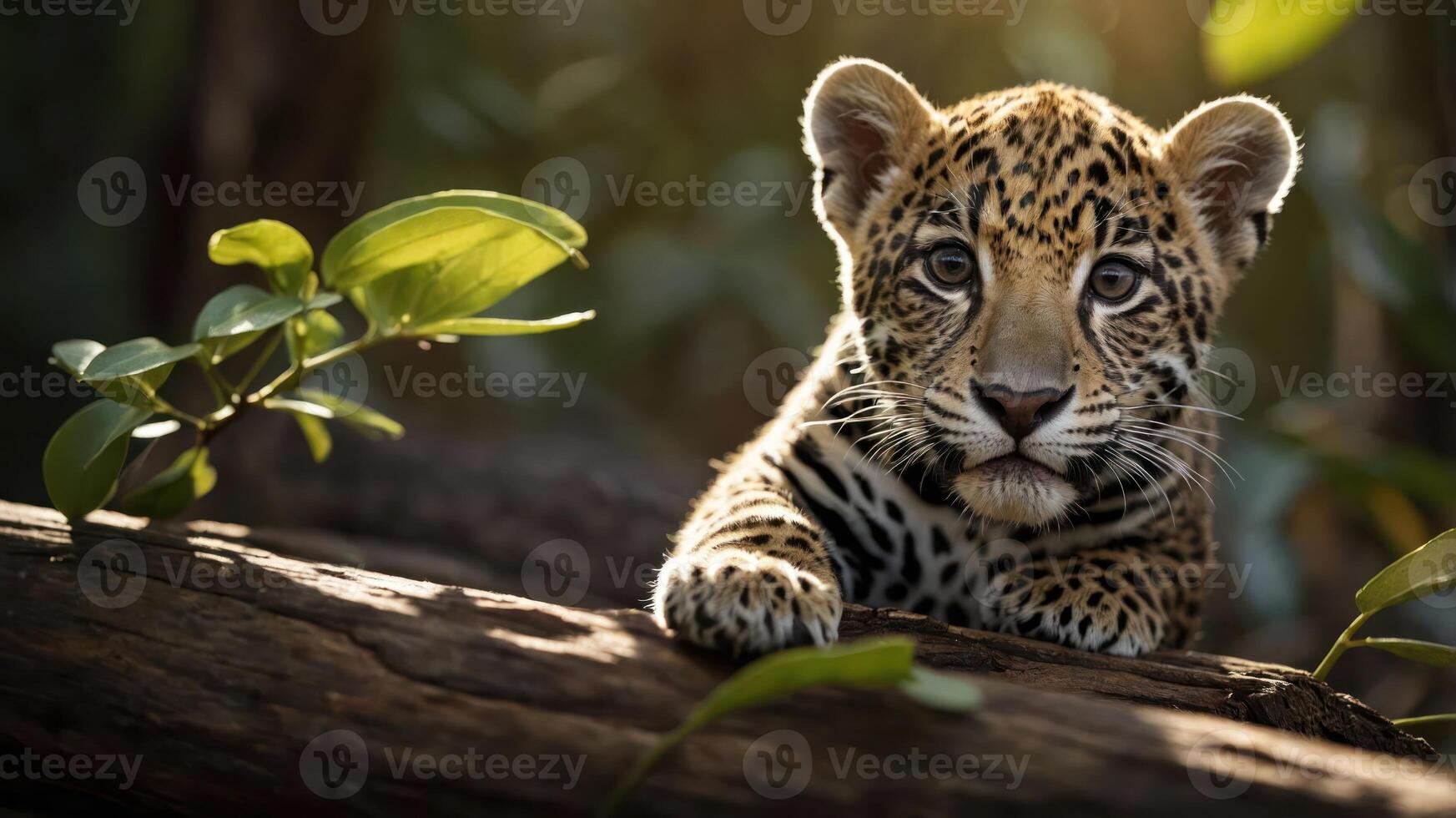 A close-up of a young jaguar resting on a log surrounded by lush greenery. photo