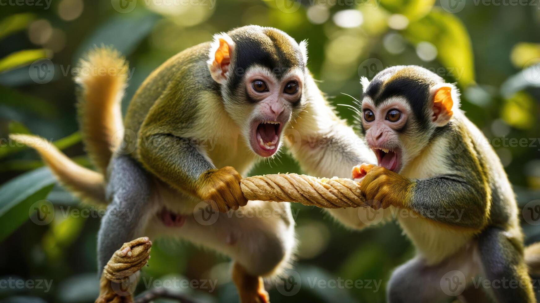 Two playful monkeys tugging on a rope amidst lush greenery. photo