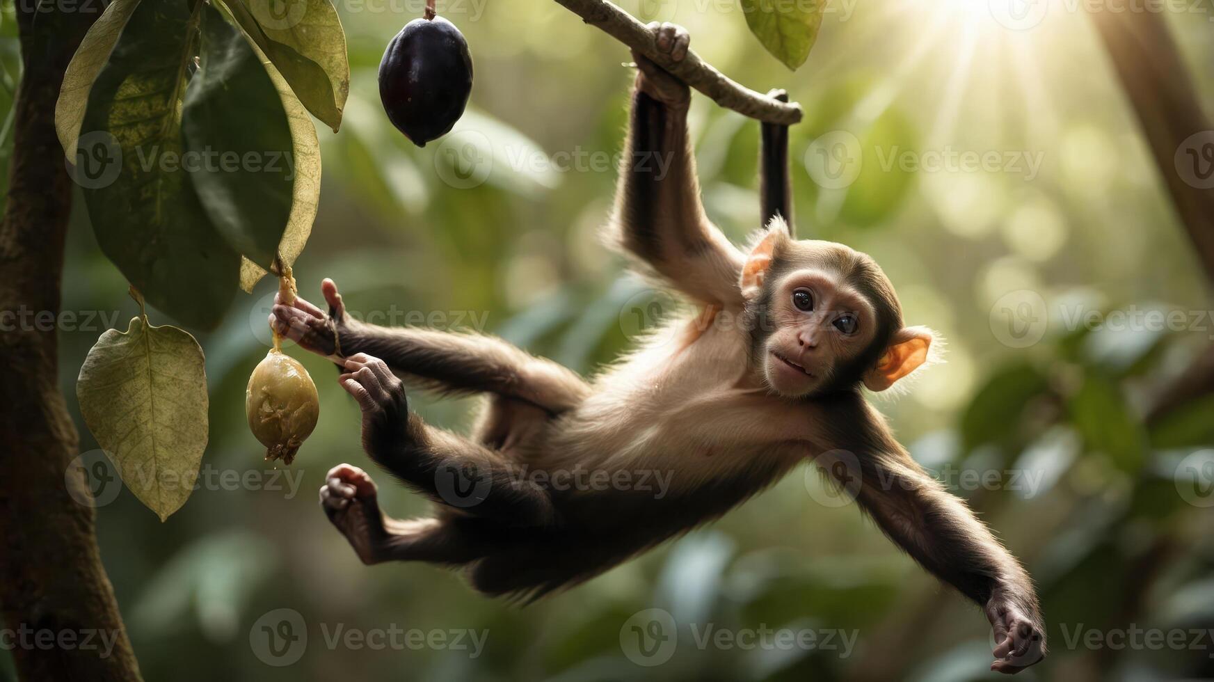 A young monkey hanging from a branch amidst lush greenery and sunlight. photo