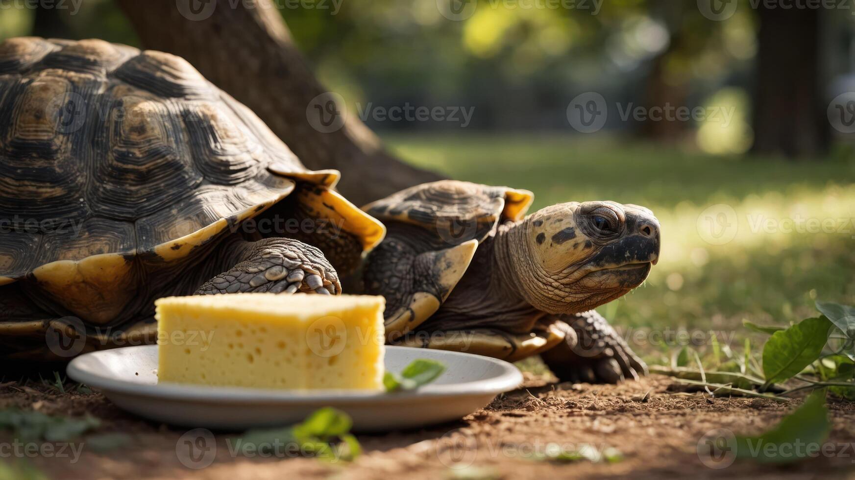A tortoise resting beside a slice of sponge cake on a plate in a natural setting. photo