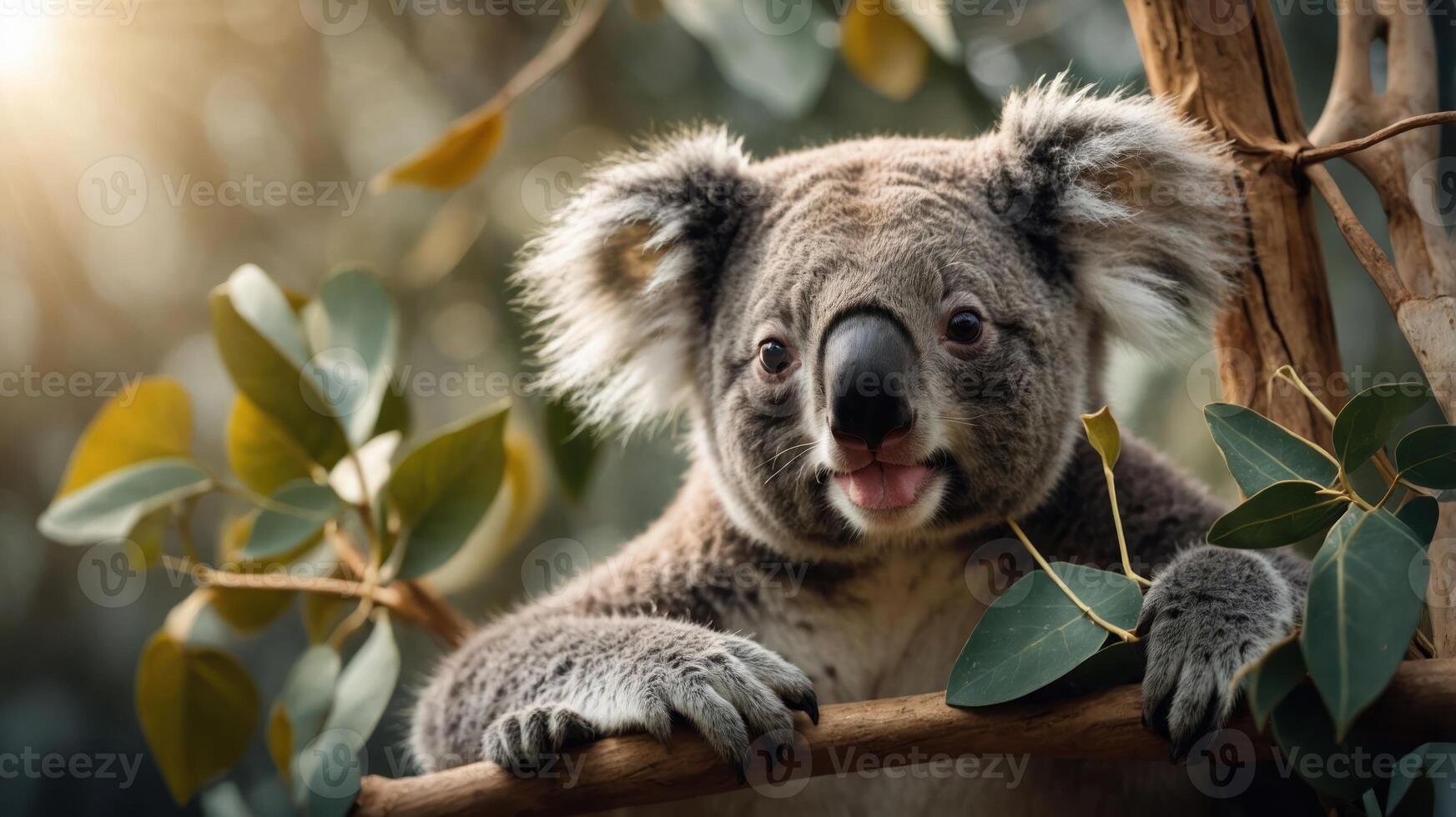 A close-up of a koala perched on a tree branch surrounded by leaves. photo