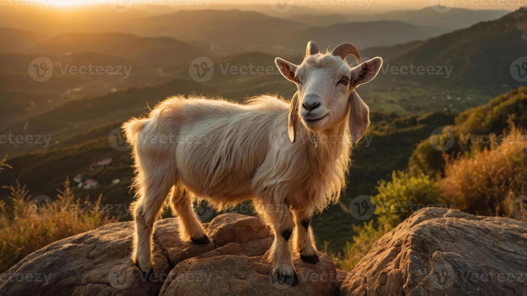 A goat stands on a rock at sunset, overlooking a scenic landscape. photo