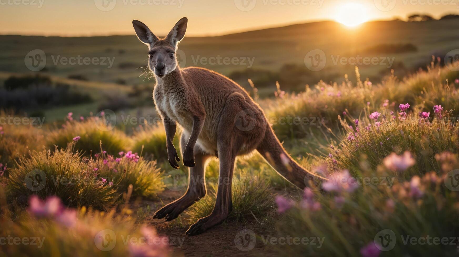 A kangaroo stands amidst colorful flowers at sunset in a serene landscape. photo