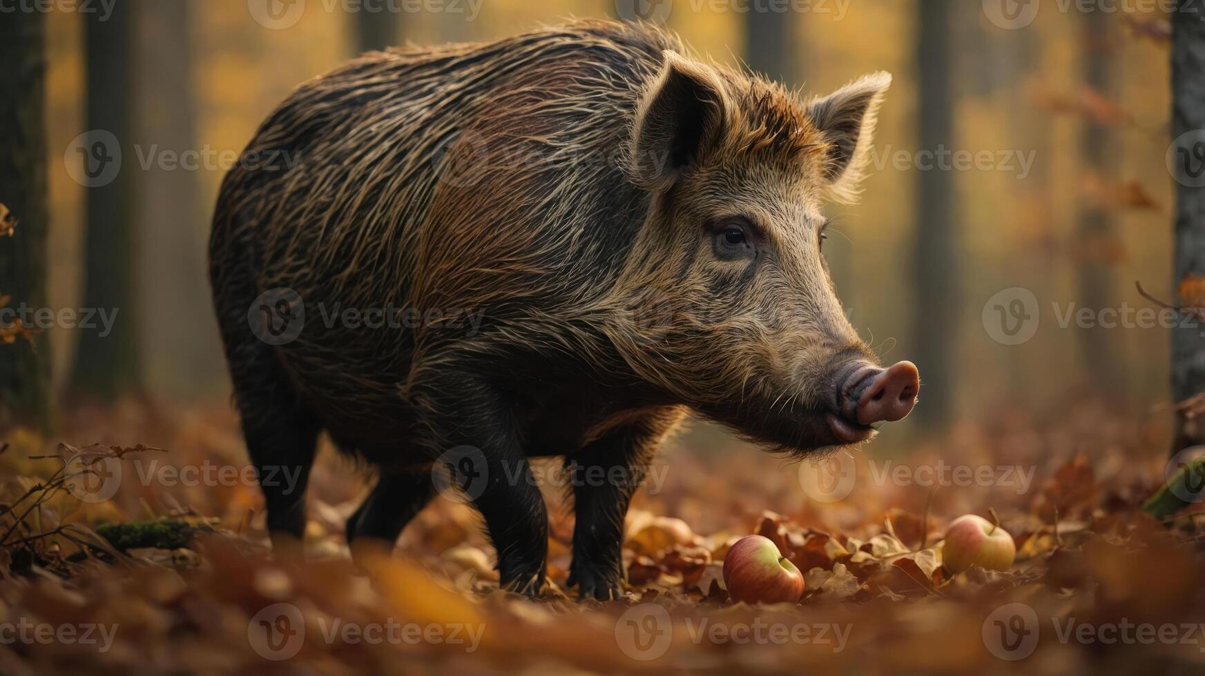 A wild boar forages among fallen apples in a serene autumn forest. photo