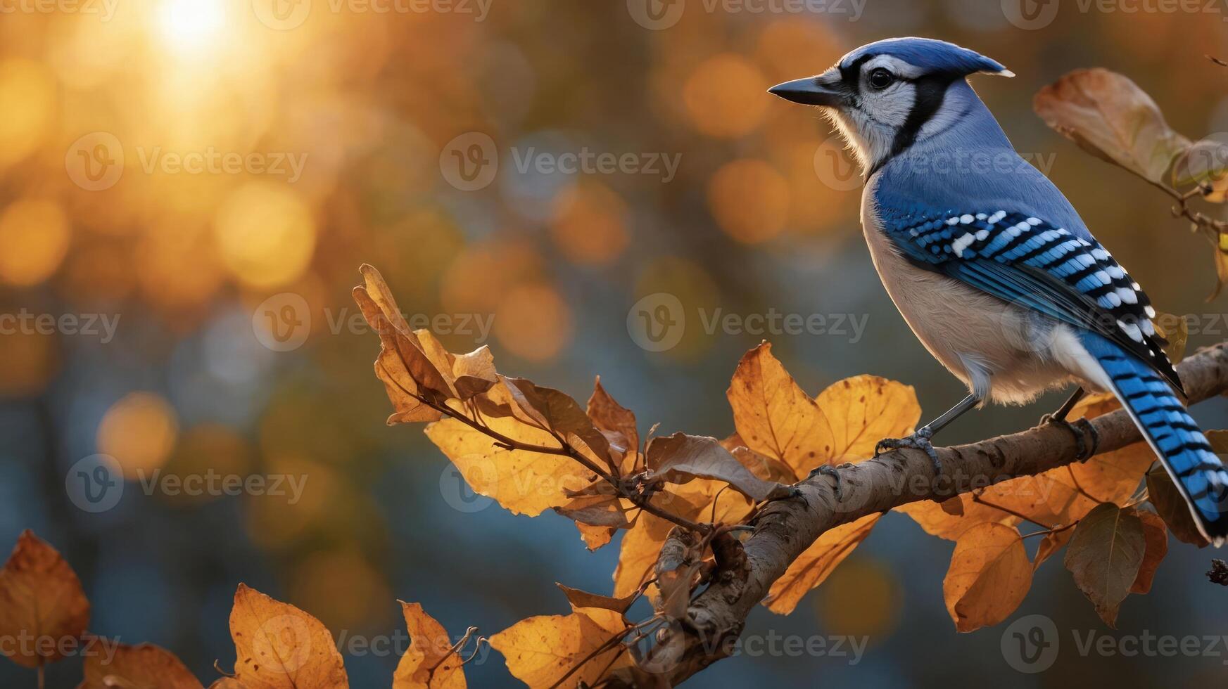 A blue jay perched on a branch with autumn leaves, illuminated by soft sunlight. photo