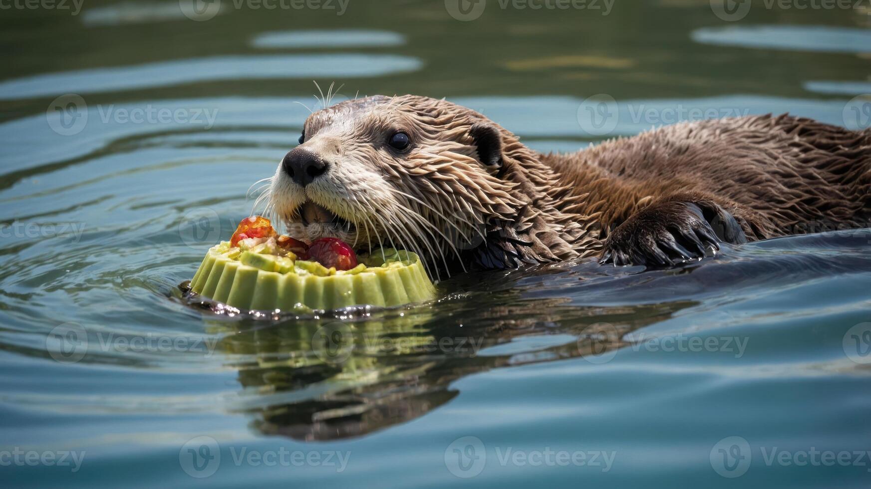 An otter floats in water, holding a colorful jelly-like dessert filled with fruits. photo