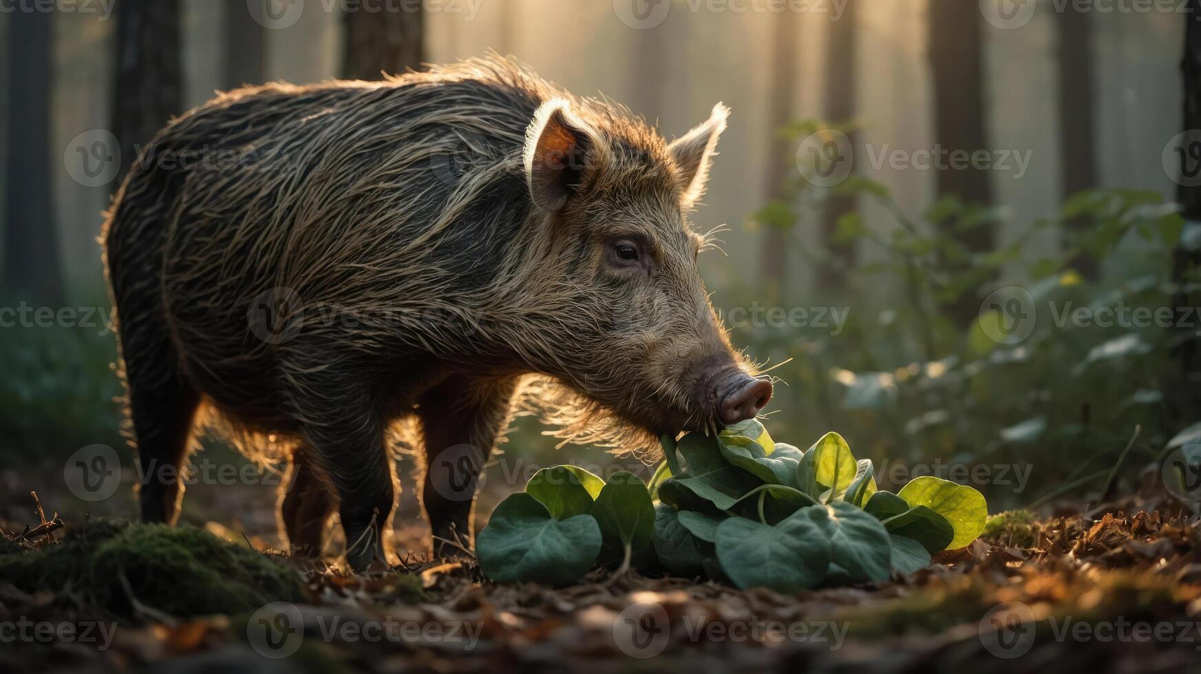 A wild boar forages for leafy greens in a sunlit forest. photo