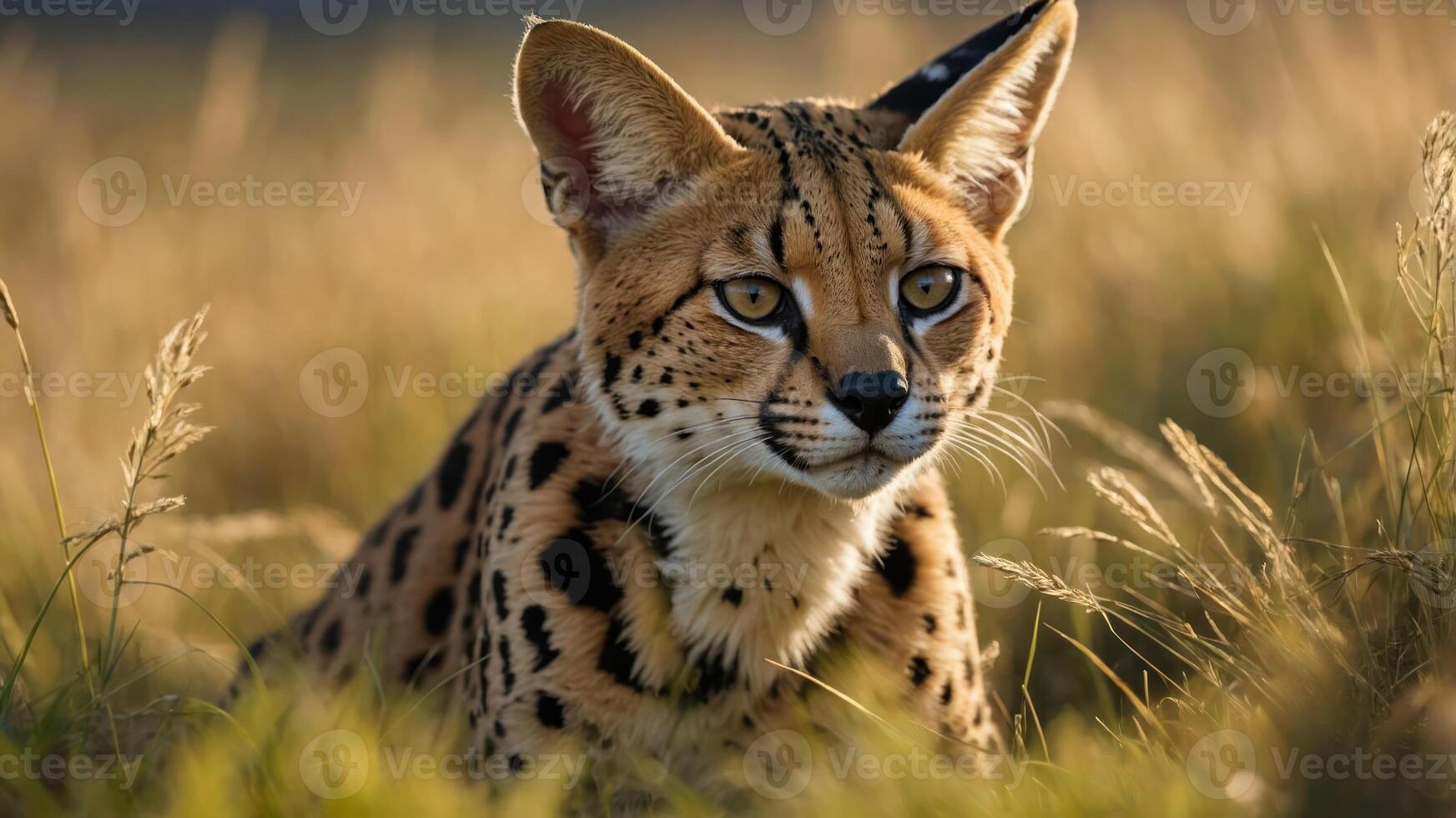 A close-up of a serval cat in a grassy field, showcasing its distinctive features. photo