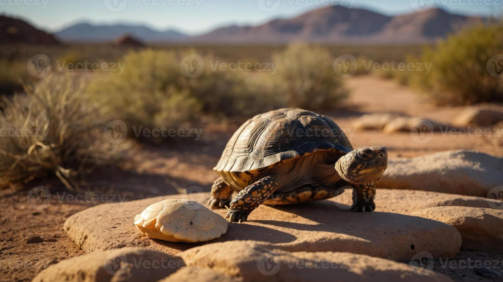 A turtle exploring a rocky desert landscape with mountains in the background. photo
