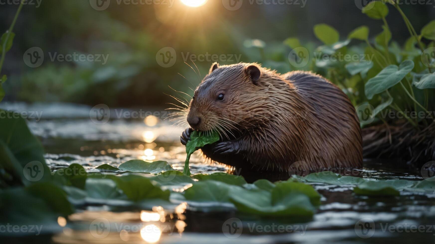 A beaver enjoys a leafy snack in a serene water setting at sunset. photo