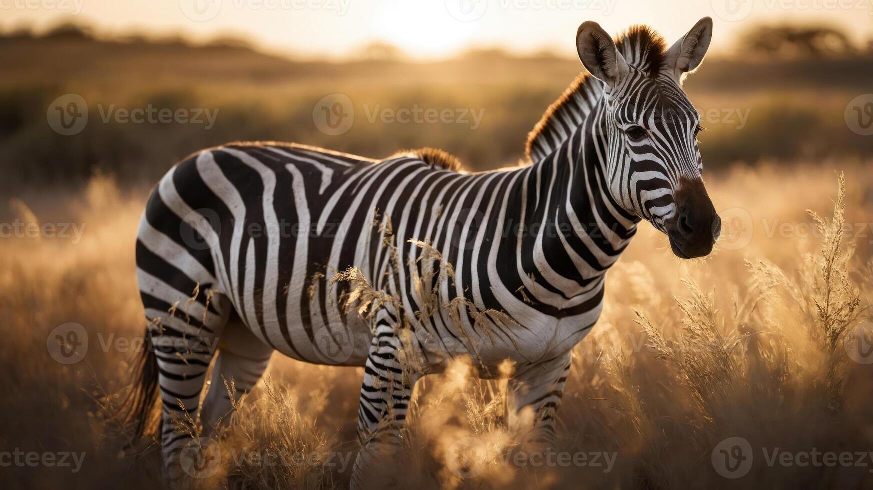 A zebra stands gracefully in a sunlit field, showcasing its distinctive stripes. photo