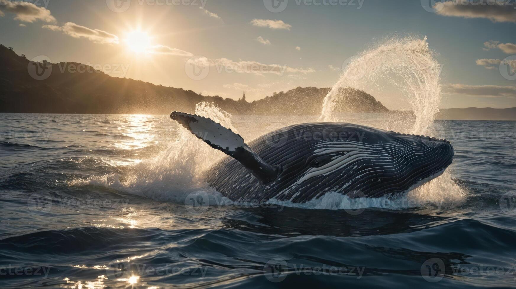 A whale breaching the water at sunset, creating a splash against a scenic backdrop. photo
