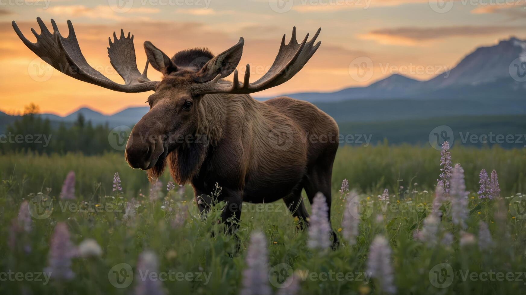 A majestic moose stands in a field of flowers during a vibrant sunset. photo