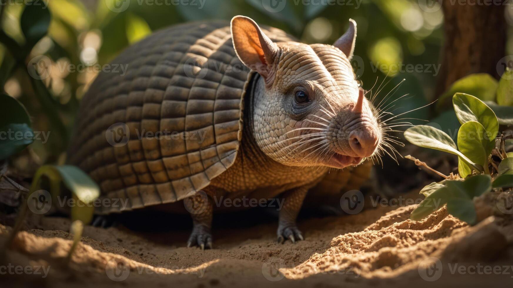 A close-up of an armadillo in a natural setting, showcasing its unique shell and features. photo