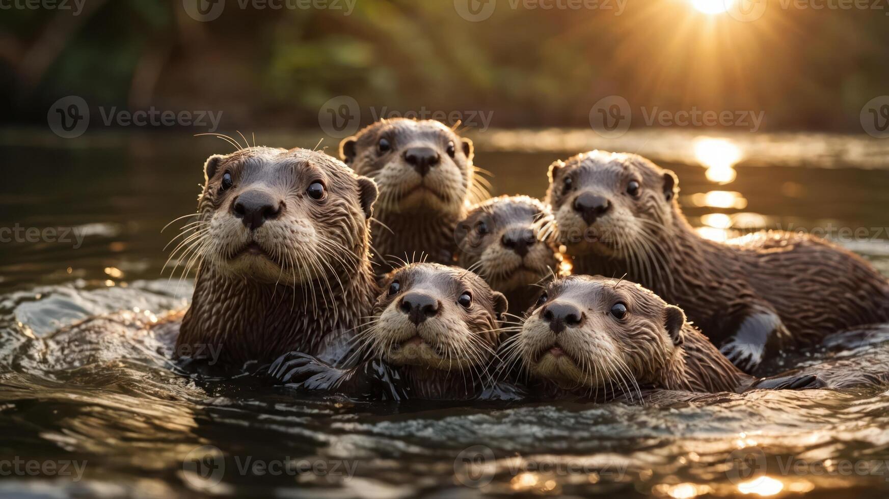 A group of otters swimming together in a serene river at sunset. photo