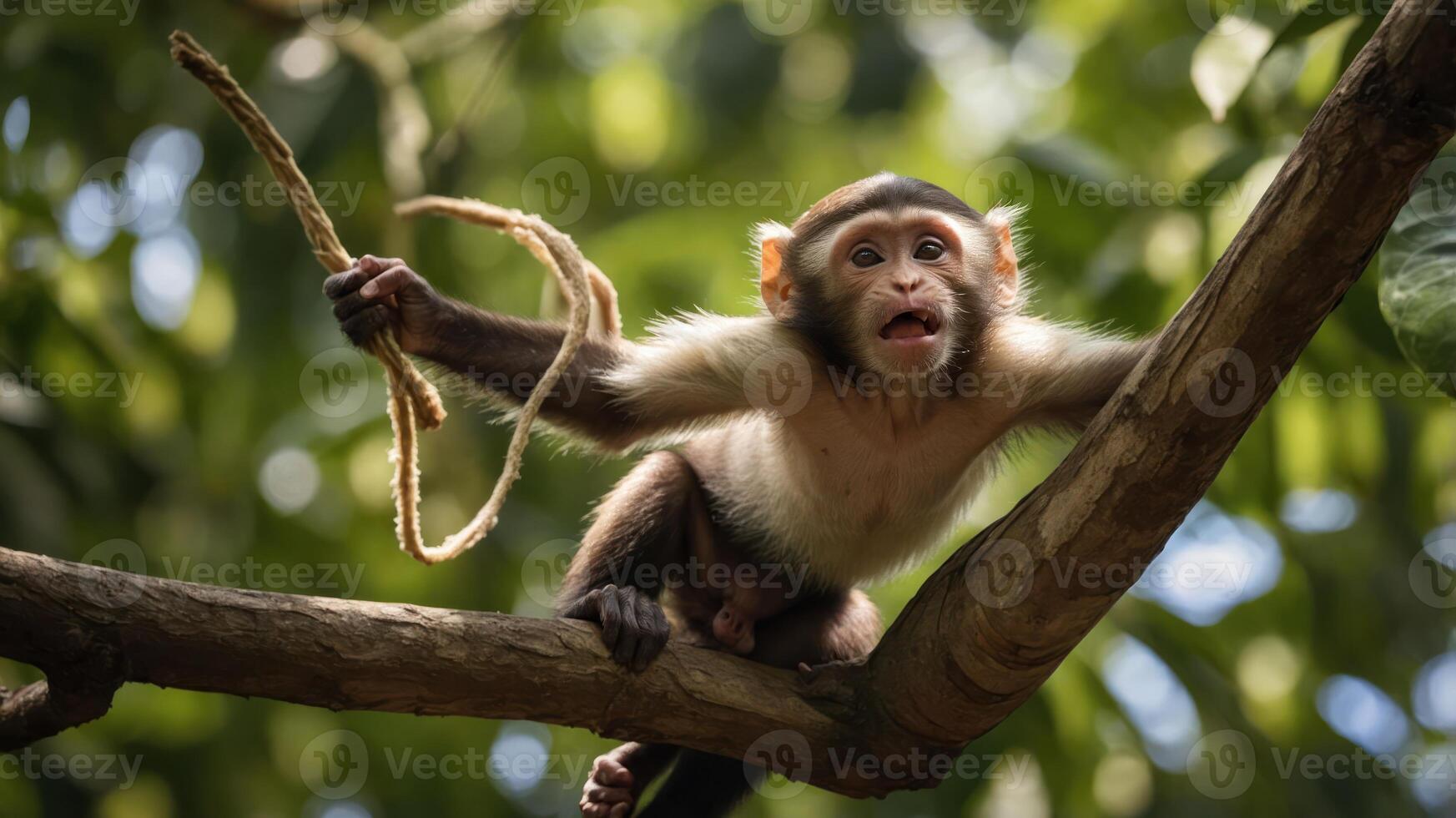 A playful monkey hanging on a branch, holding a piece of rope in a lush green environment. photo