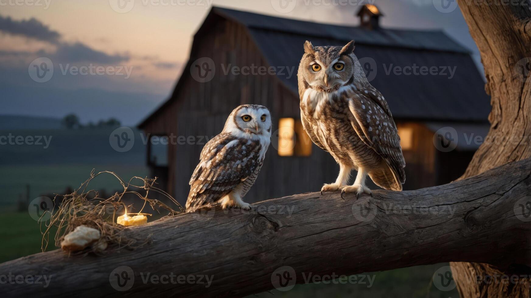 Two owls perched on a branch near a rustic barn at dusk, creating a serene atmosphere. photo