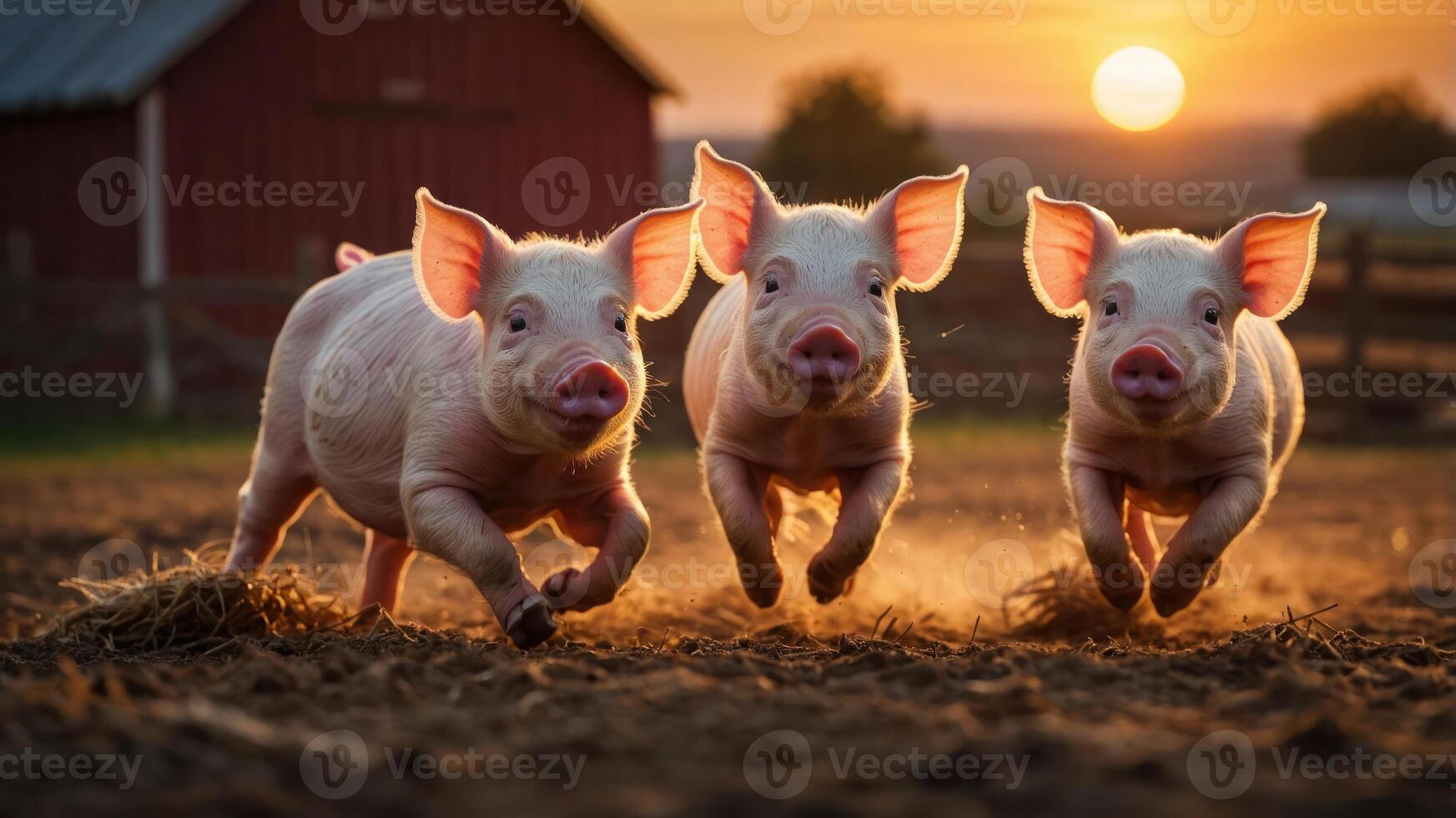 Three playful piglets running in a farm setting during sunset. photo