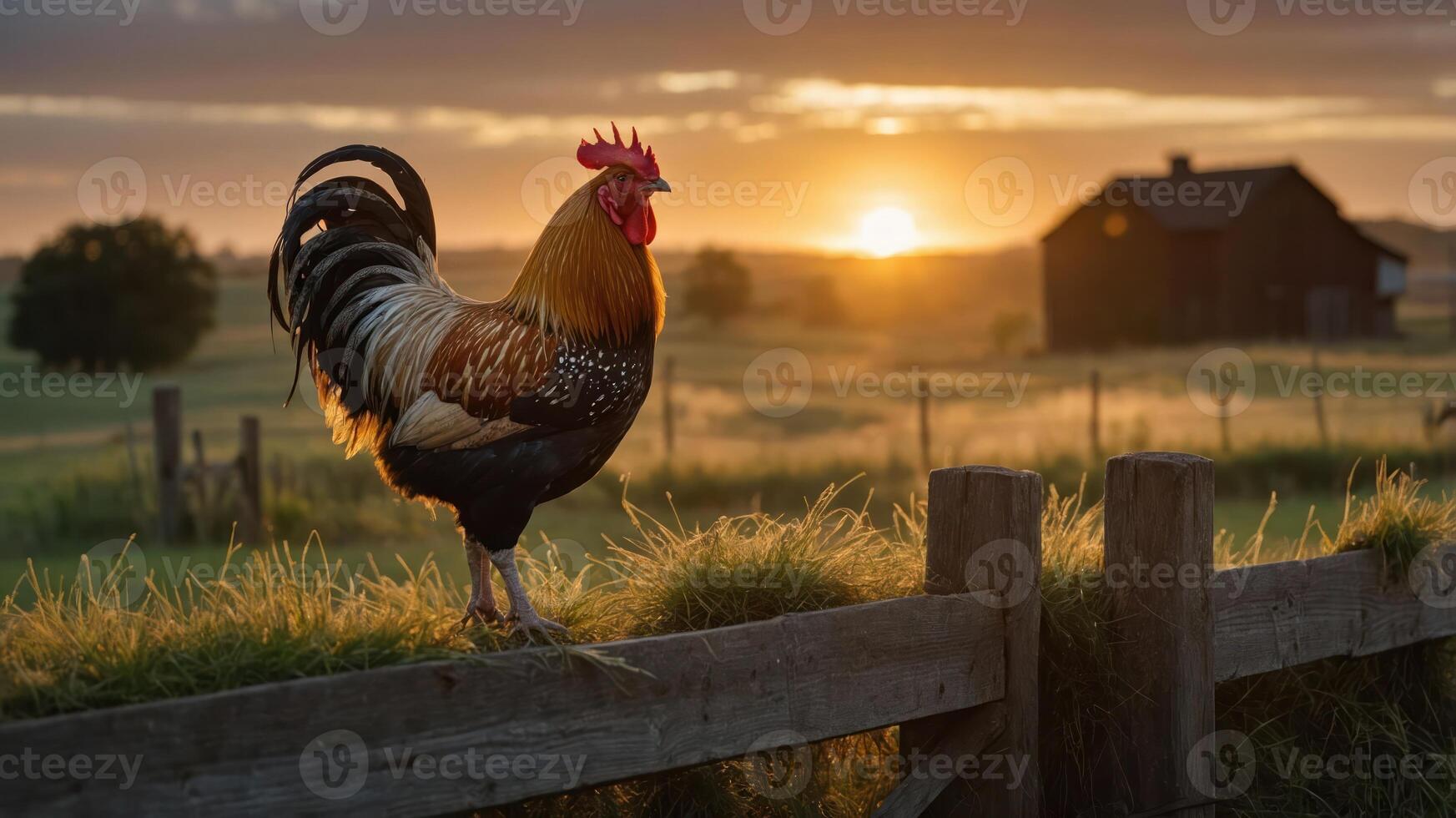 A rooster stands on a fence at sunrise, with a barn and fields in the background. photo