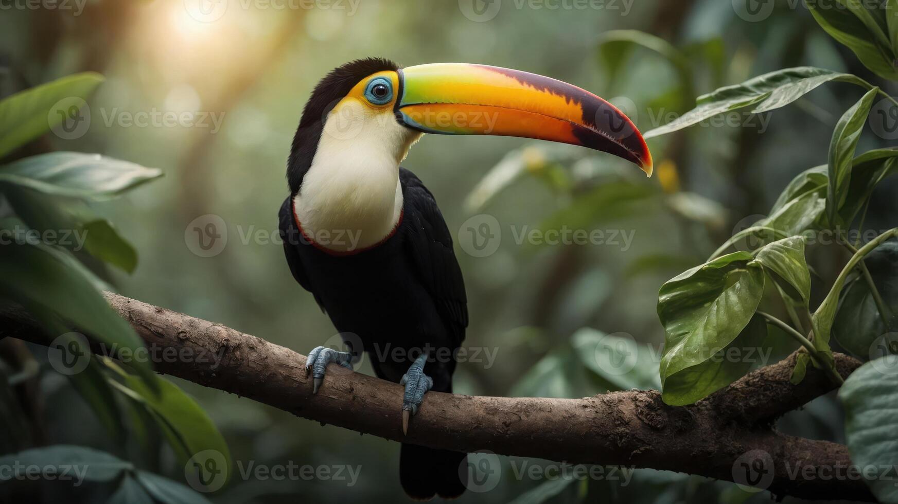 A vibrant toucan perched on a branch amidst lush greenery in a tropical environment. photo
