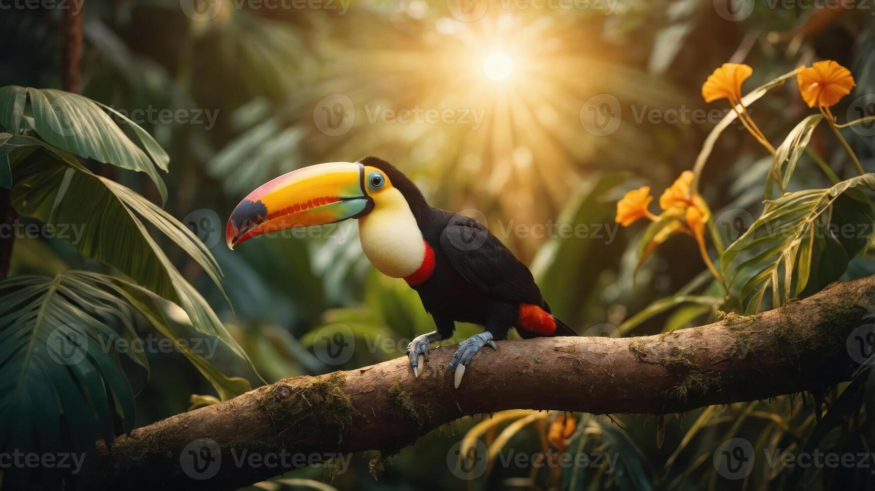 A vibrant toucan perched on a branch in a lush jungle setting with sunlight filtering through. photo