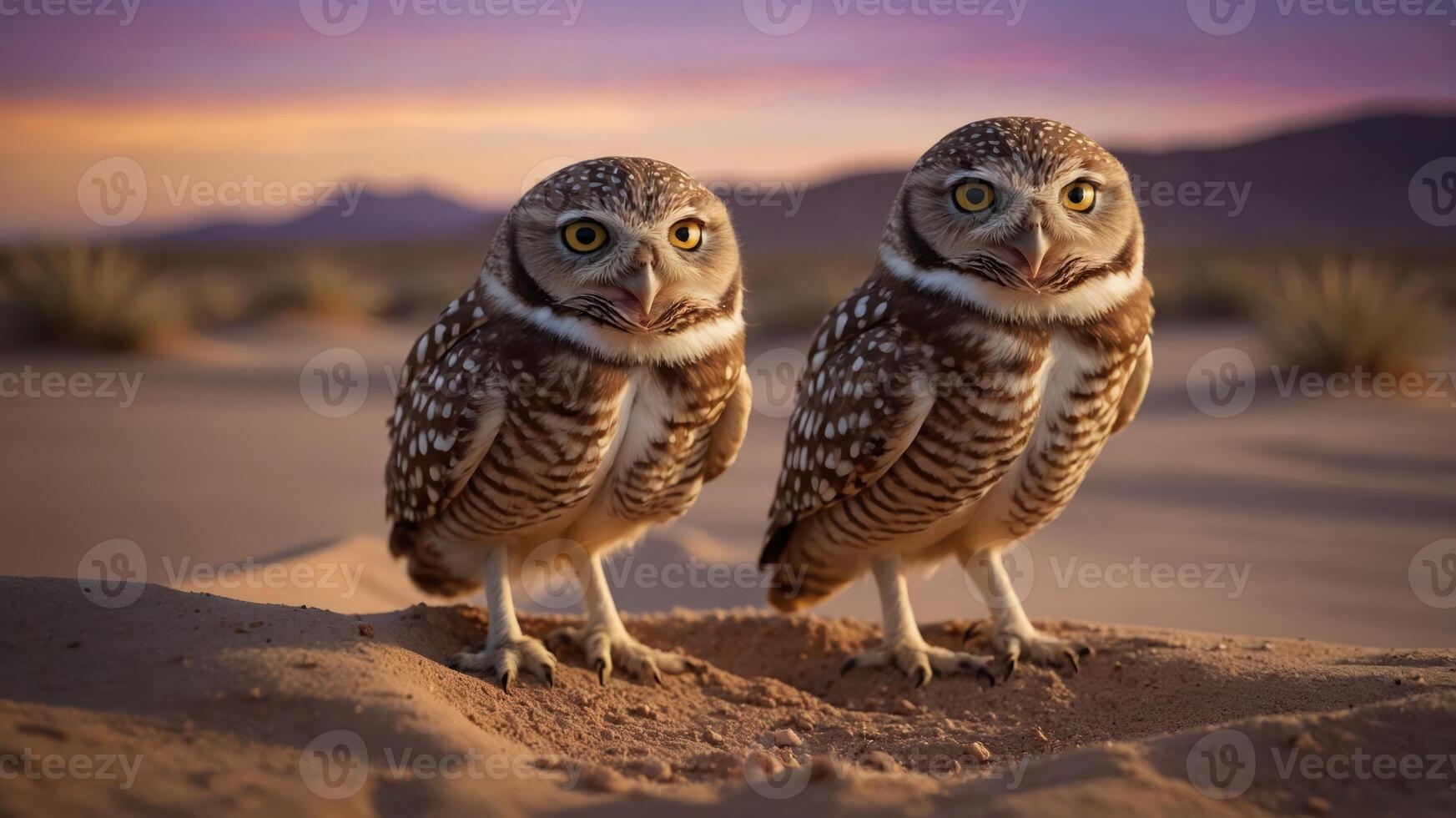 Two burrowing owls stand together in a desert landscape at sunset. photo