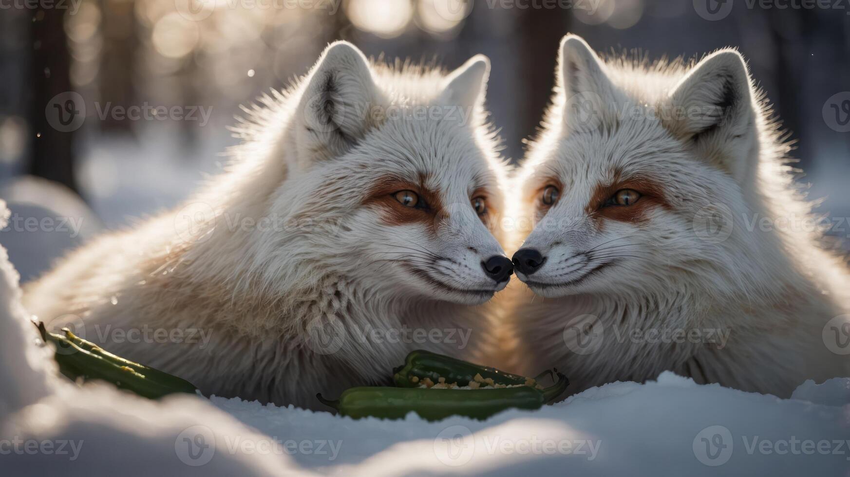 Two foxes nuzzle in a snowy landscape, surrounded by green vegetables. photo