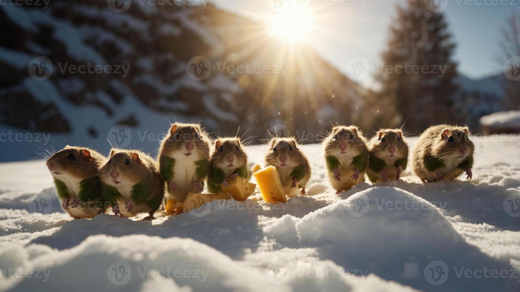 A line of guinea pigs enjoying food in a snowy landscape with sunlight. photo