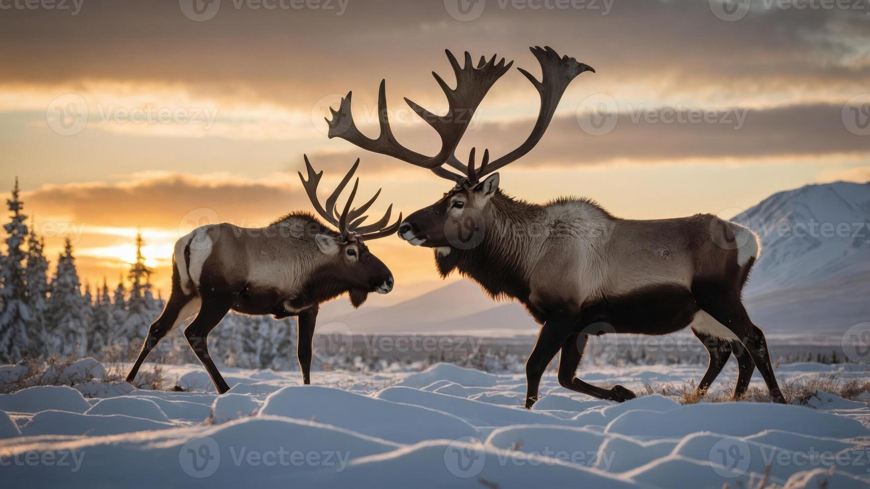 Two reindeer engage in a display of dominance against a scenic sunset backdrop. photo