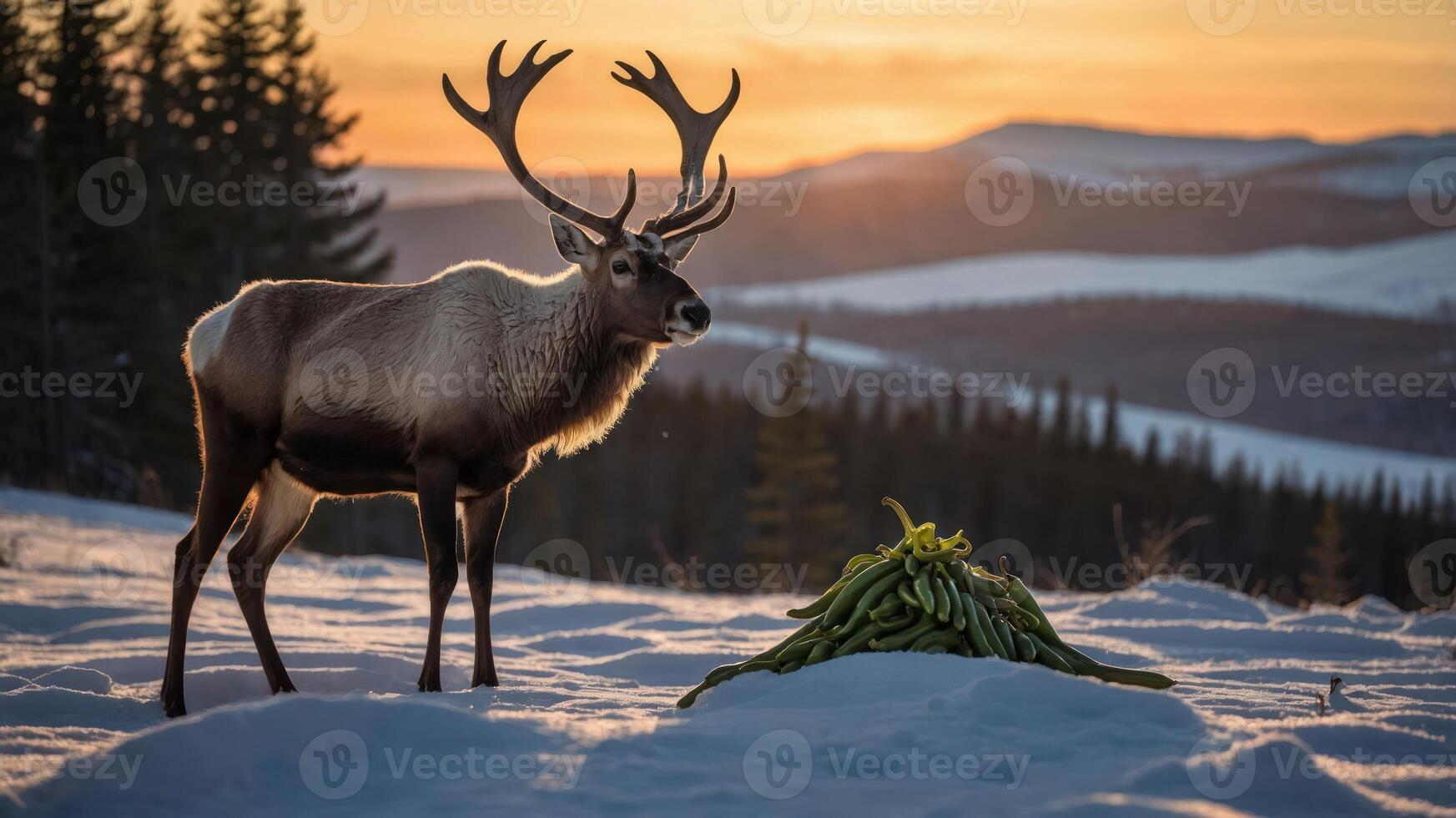 A reindeer stands beside a pile of green bananas in a snowy landscape at sunset. photo