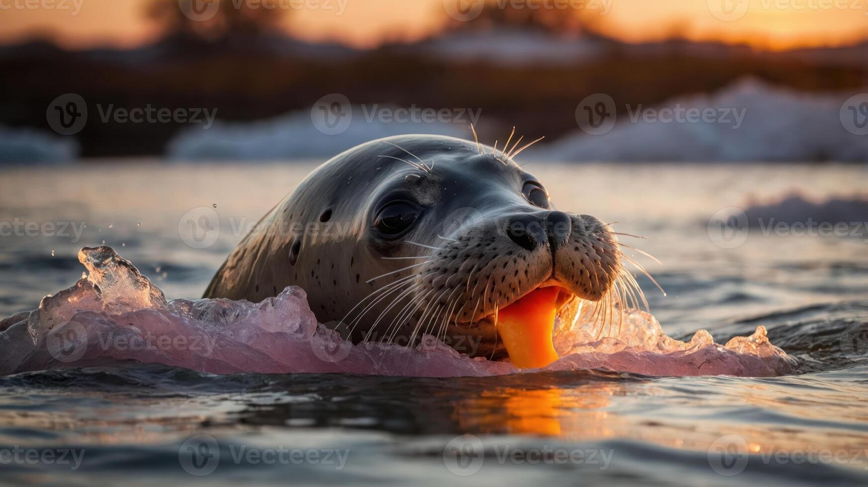 A playful seal emerges from the water, showcasing its whiskers against a colorful sunset. photo