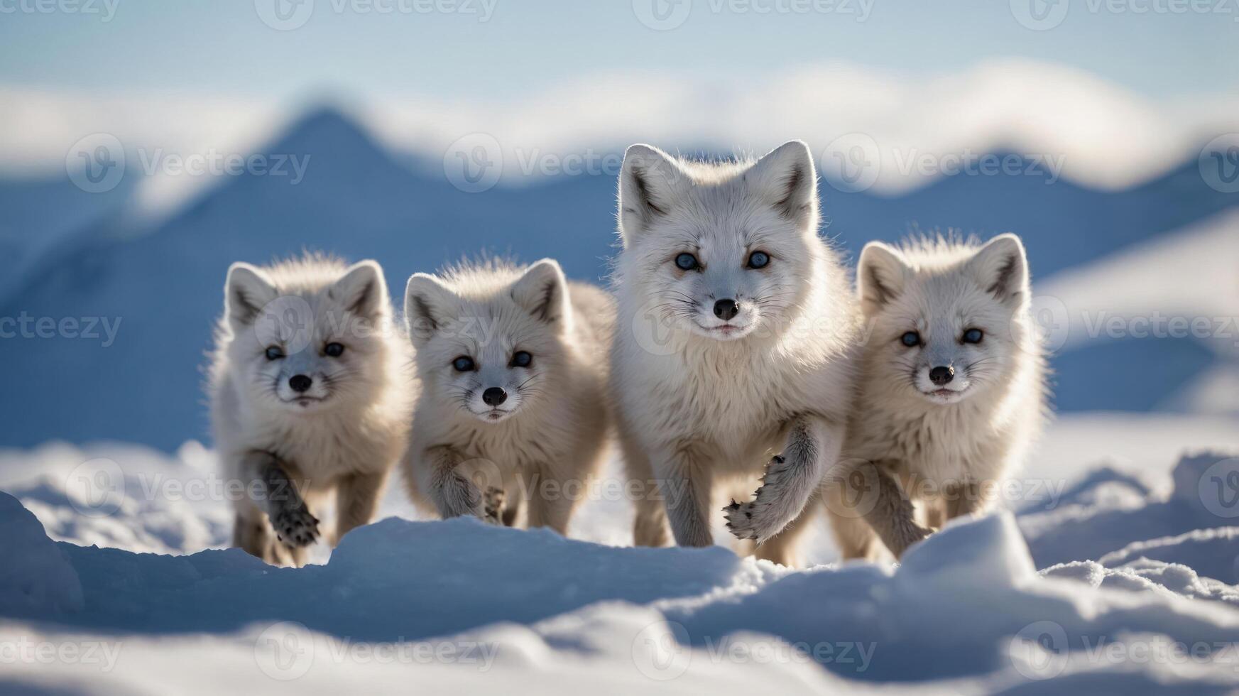 Four playful arctic foxes walking through a snowy landscape. photo