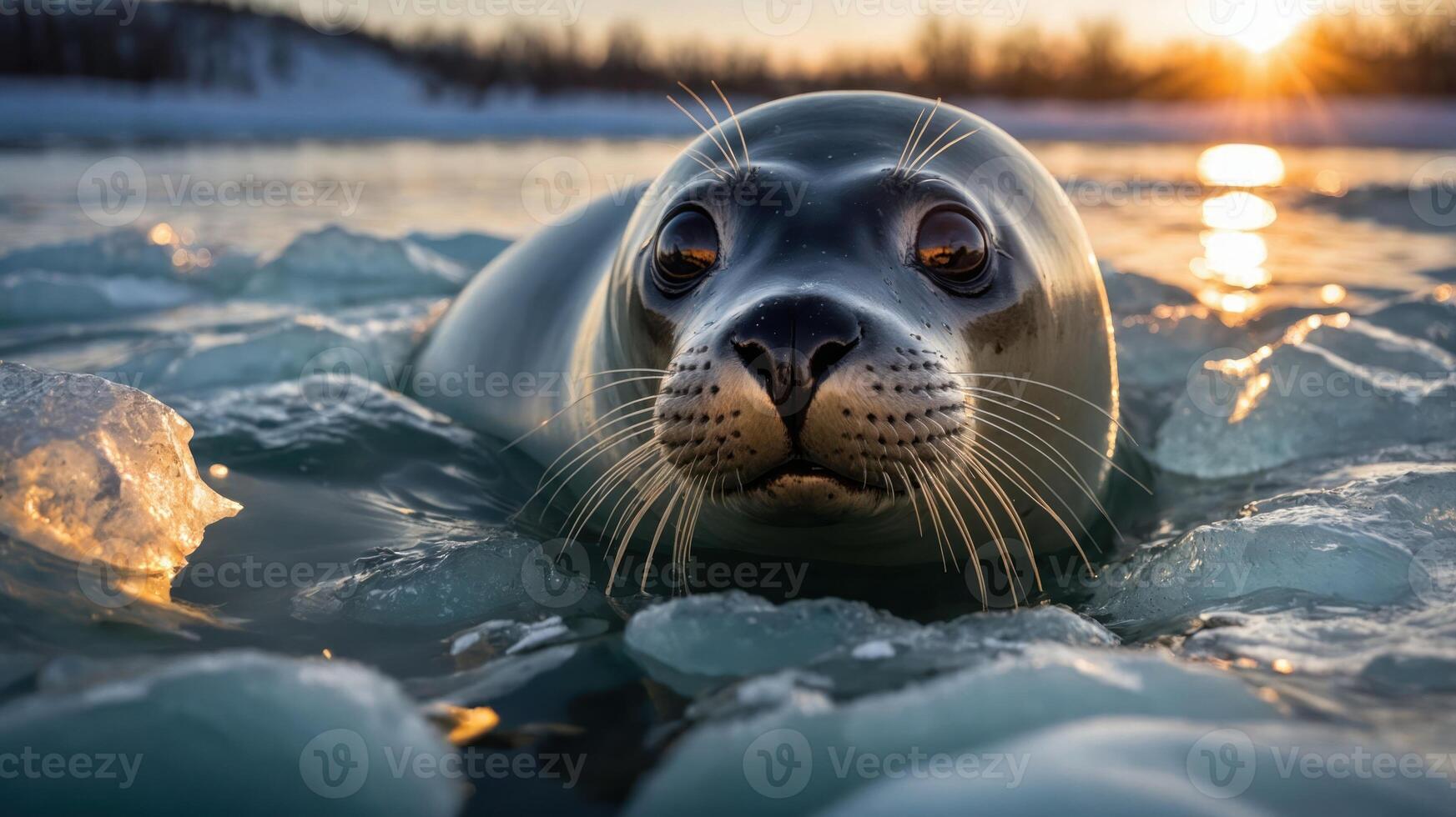 A seal resting on ice in a serene, icy landscape during sunset. photo