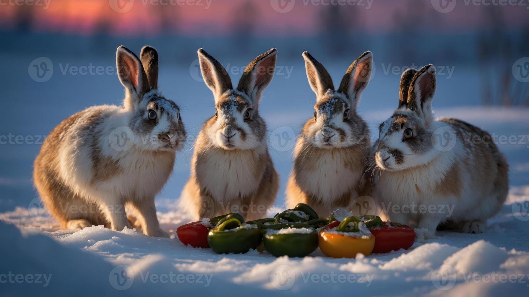 Four rabbits gathered around colorful vegetables in a snowy landscape. photo