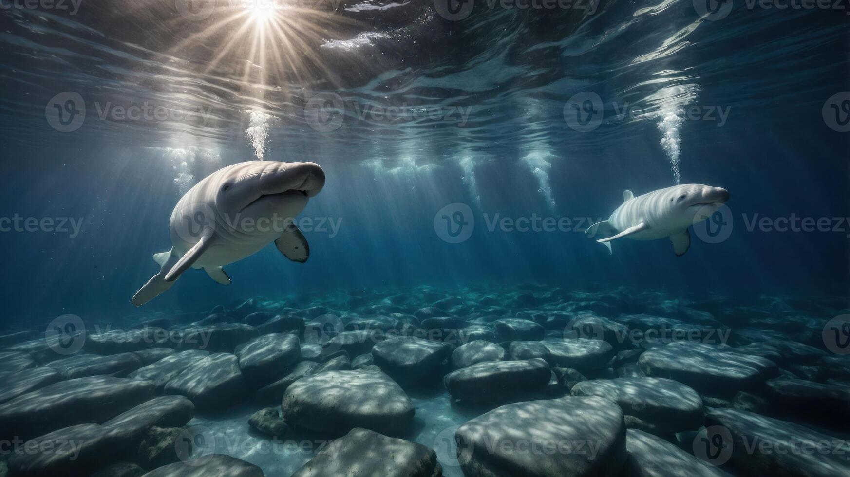 Underwater scene featuring two sharks swimming over a rocky seabed with sunlight filtering through. photo