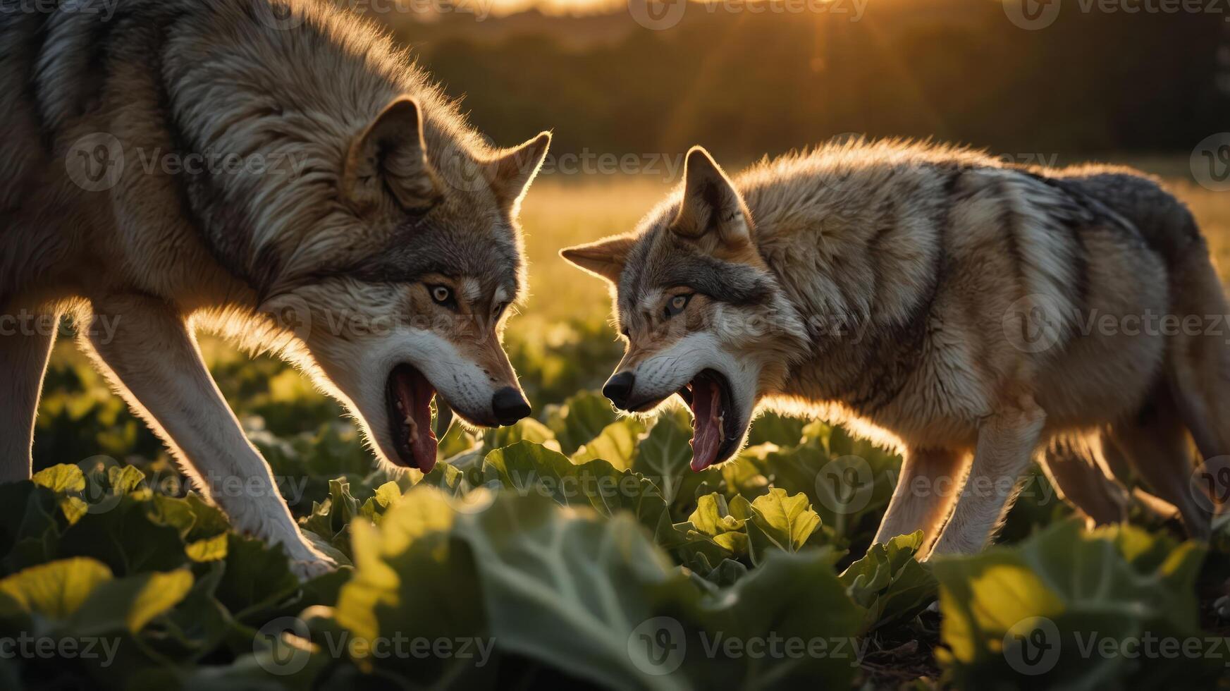 Two wolves growling at each other in a sunlit field of green plants. photo