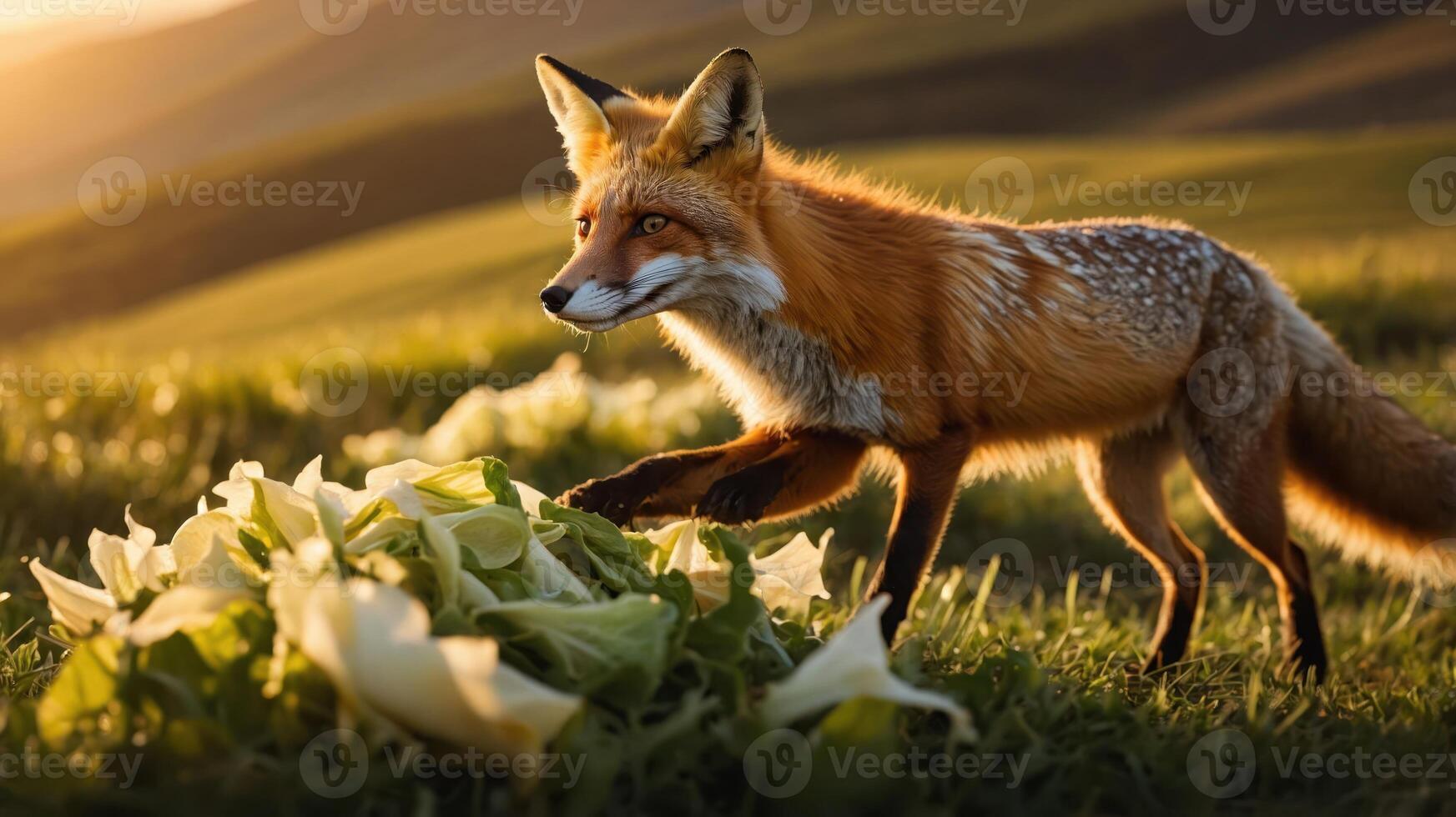 A fox interacts with a pile of leaves in a sunlit, grassy landscape. photo