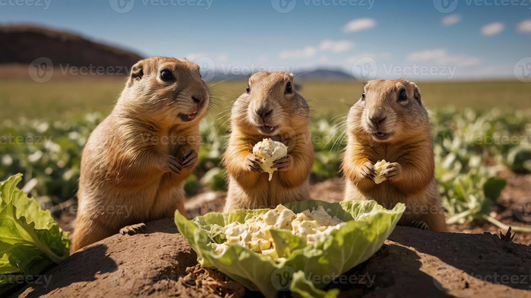 Three prairie dogs enjoying lettuce in a sunny field. photo