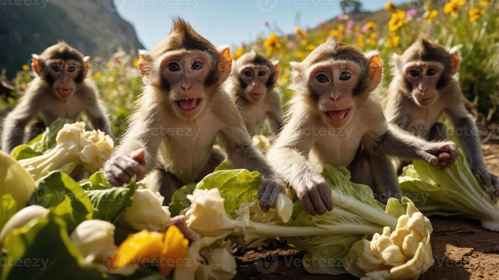 A group of playful monkeys enjoying fresh vegetables in a vibrant flower-filled landscape. photo