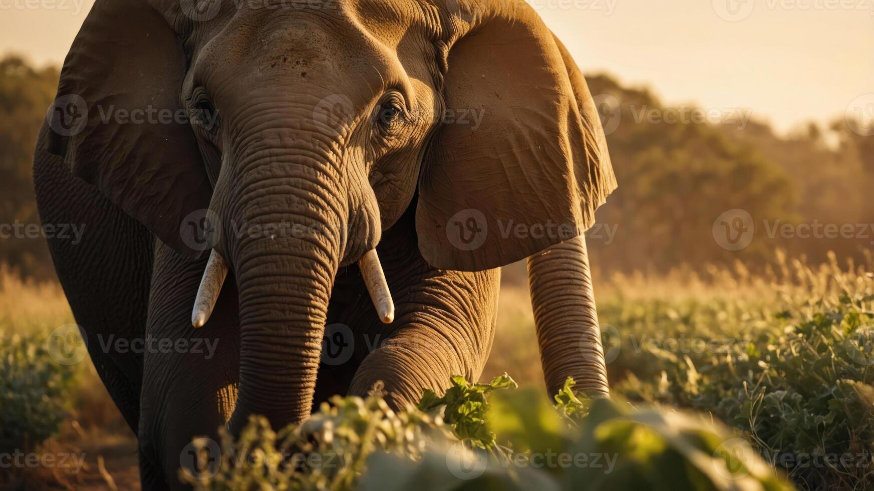 An elephant forages in a sunlit field, showcasing wildlife in a natural setting. photo