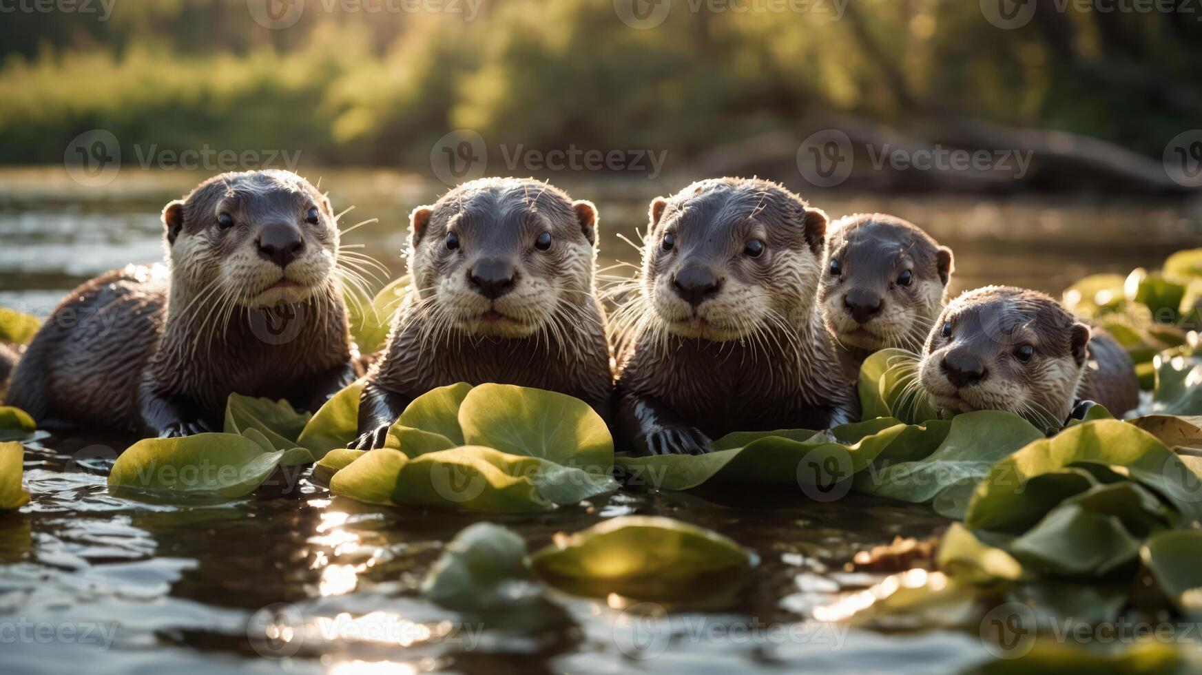 Five playful otters resting on water lilies in a serene river setting during golden hour. photo