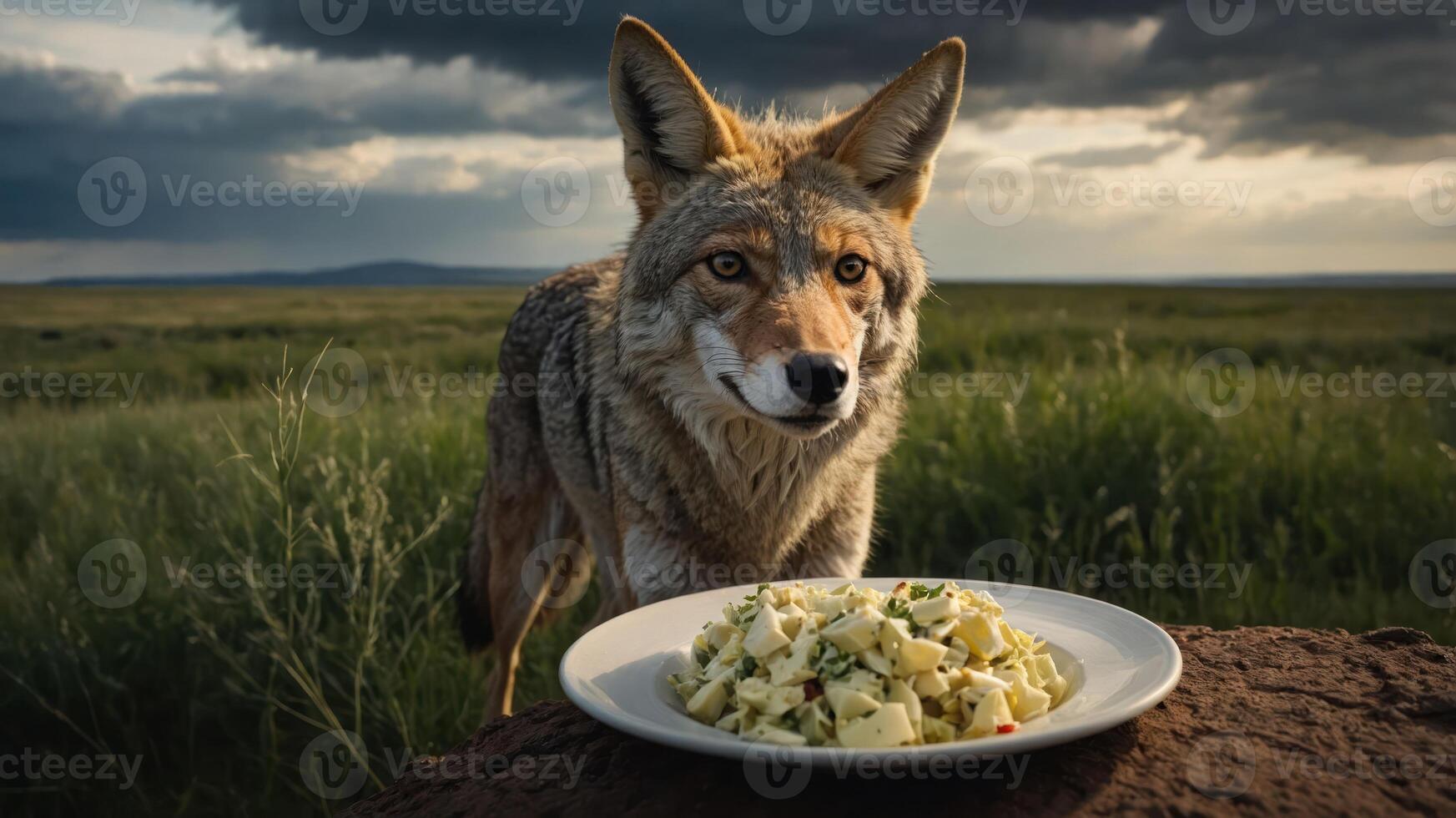 A coyote stands near a plate of pasta against a dramatic sky and grassy landscape. photo
