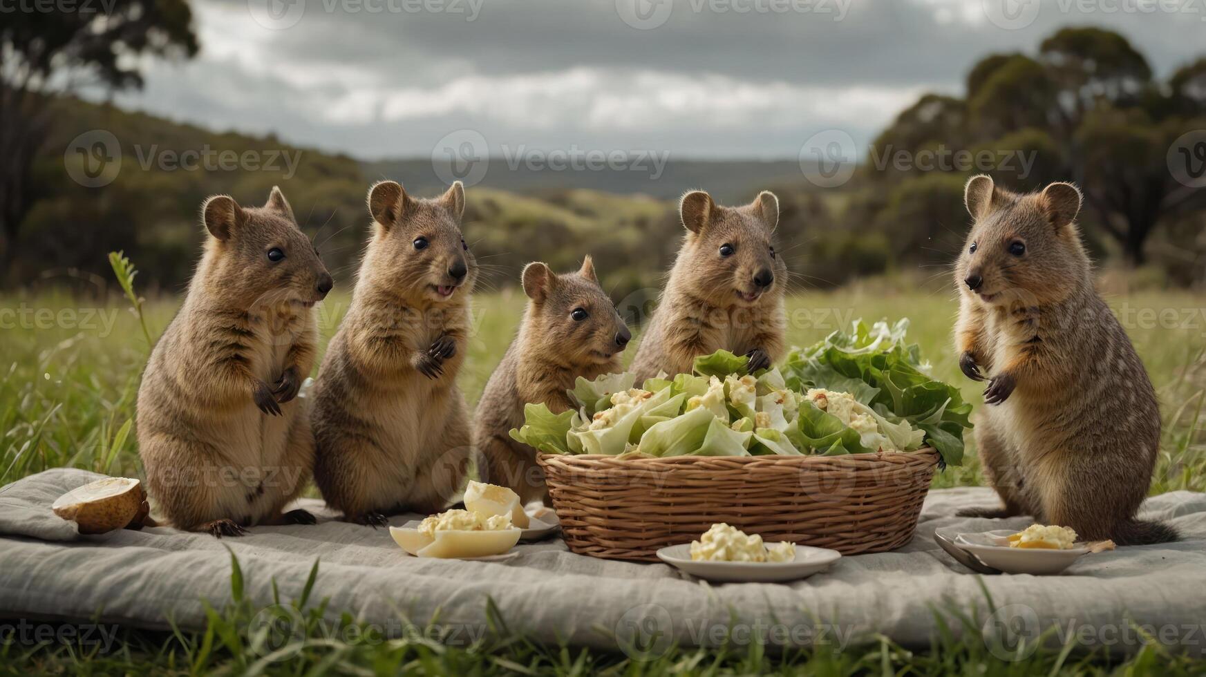 A group of quokkas enjoying a picnic with fresh vegetables and snacks in a grassy setting. photo