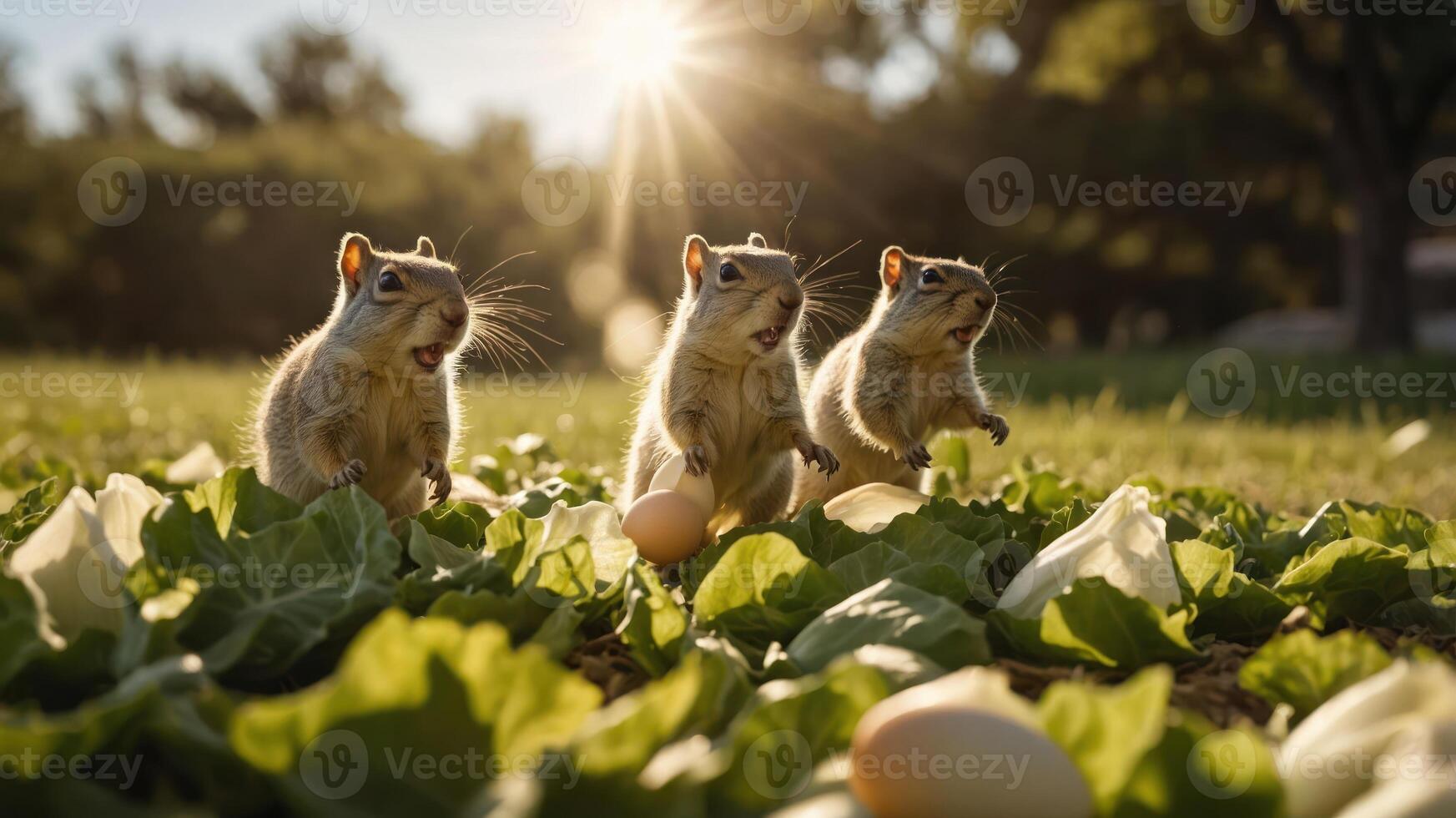 Three squirrels playfully interact with eggs among leafy greens in a sunlit field. photo