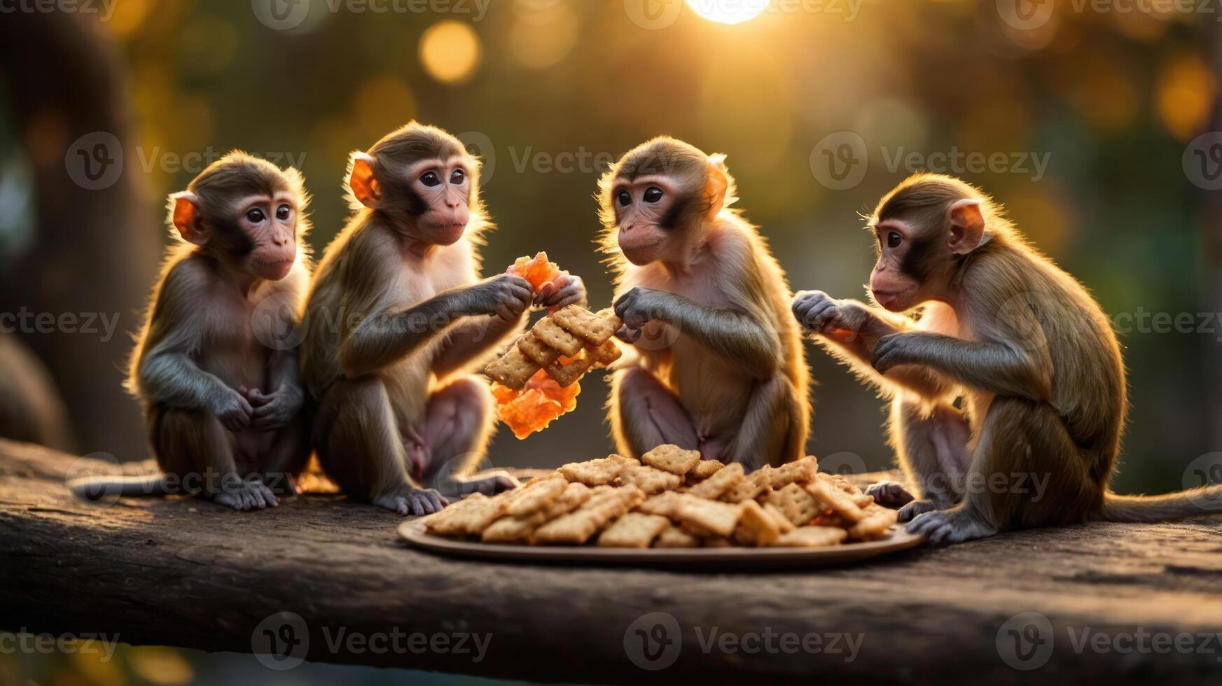 Four monkeys enjoying snacks together on a wooden branch during sunset. photo